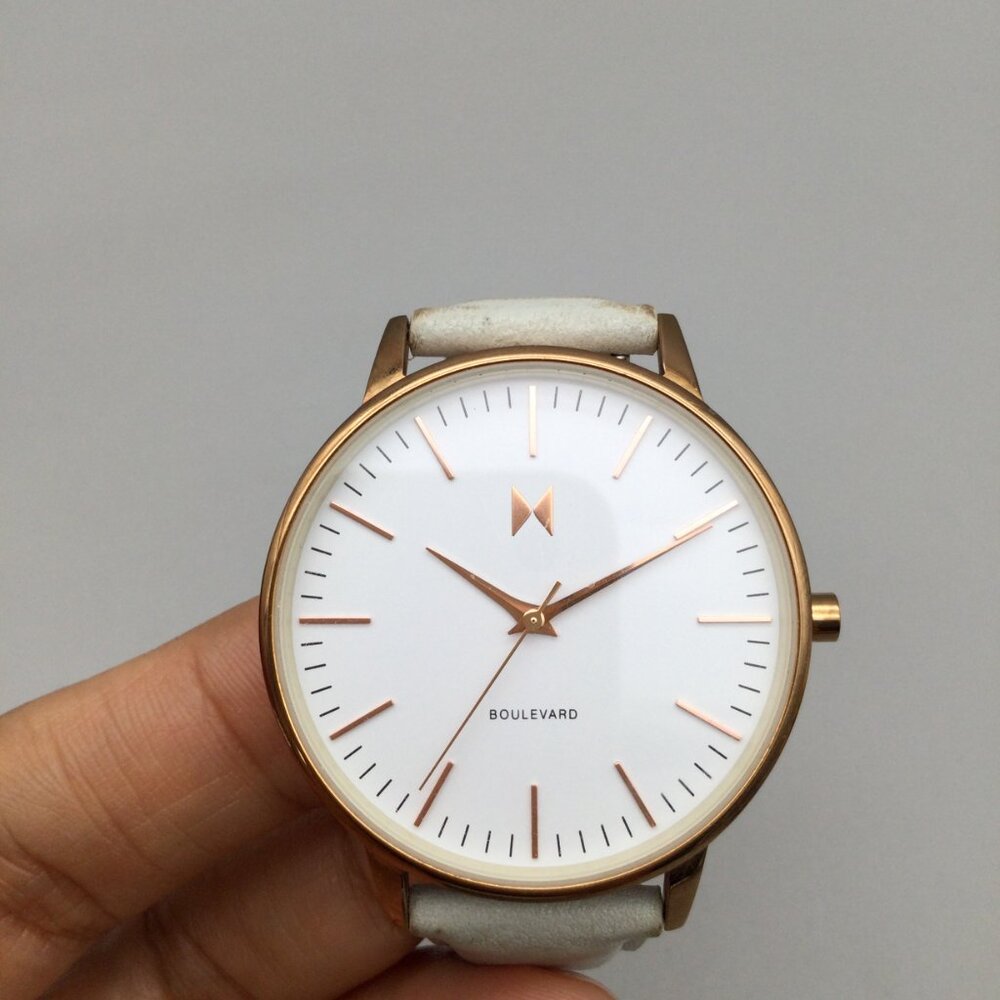MVMT Boulevard Watch Women 38mm Rose Gold Tone White Leather Band New Battery - Picture 6 of 16